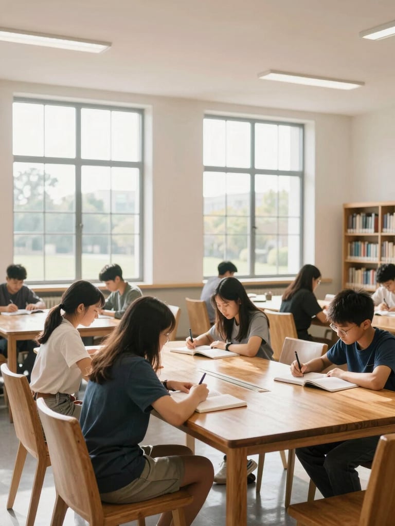 A bright, well-lit school library with students studying at a large oak table, natural sunlight streaming through high windows, scholarly and elegant atmosphere.