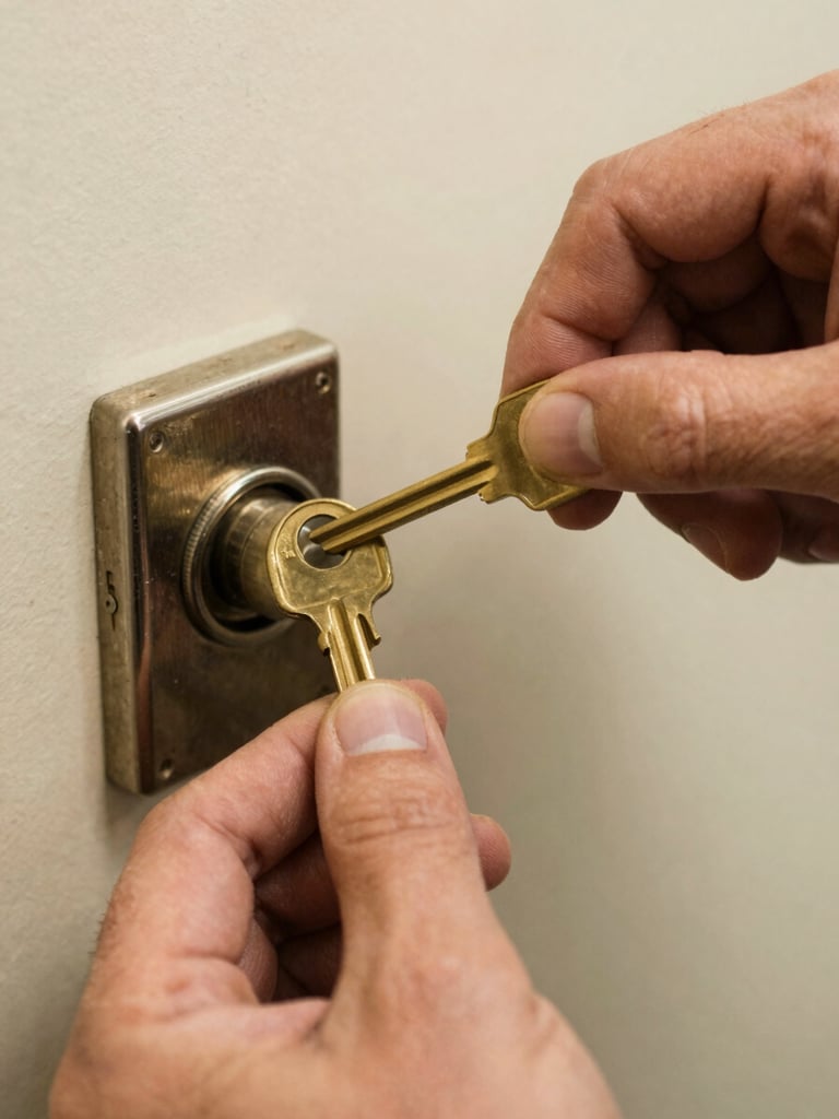 Close-up of a professional locksmith's hand holding a clean brass key, inserting it into a modern lock cylinder, shallow depth of field, warm documentary style