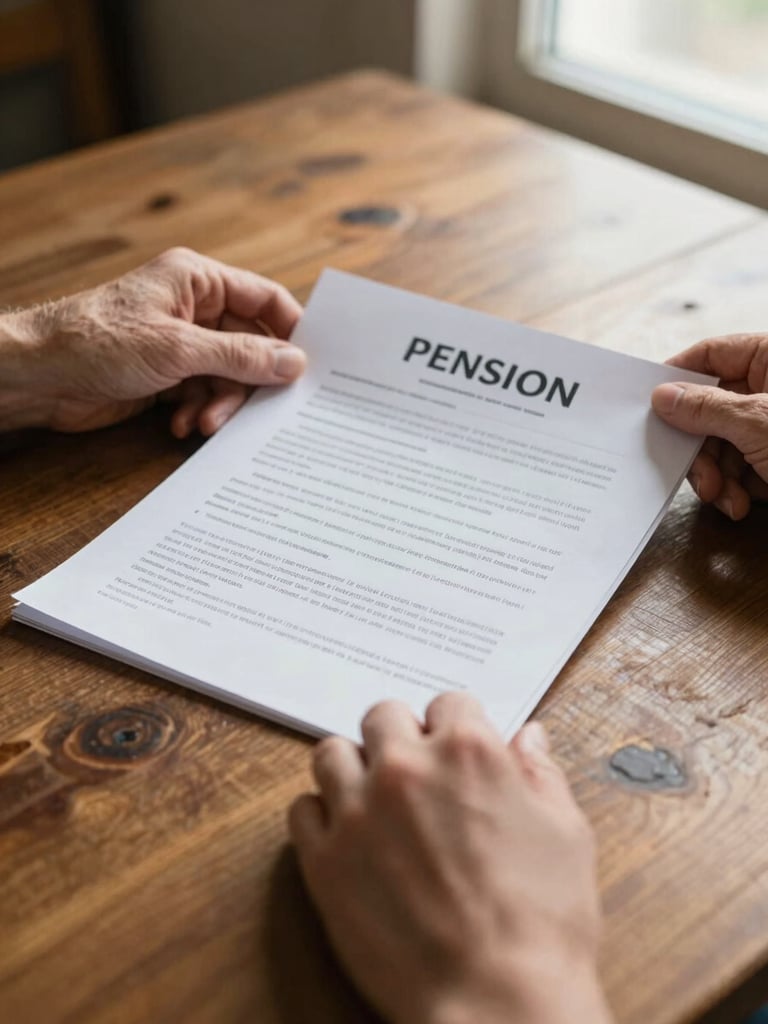 Close-up of hands carefully reviewing physical pension documents on a warm rustic wooden table, soft morning light from the side, authentic texture, 35mm