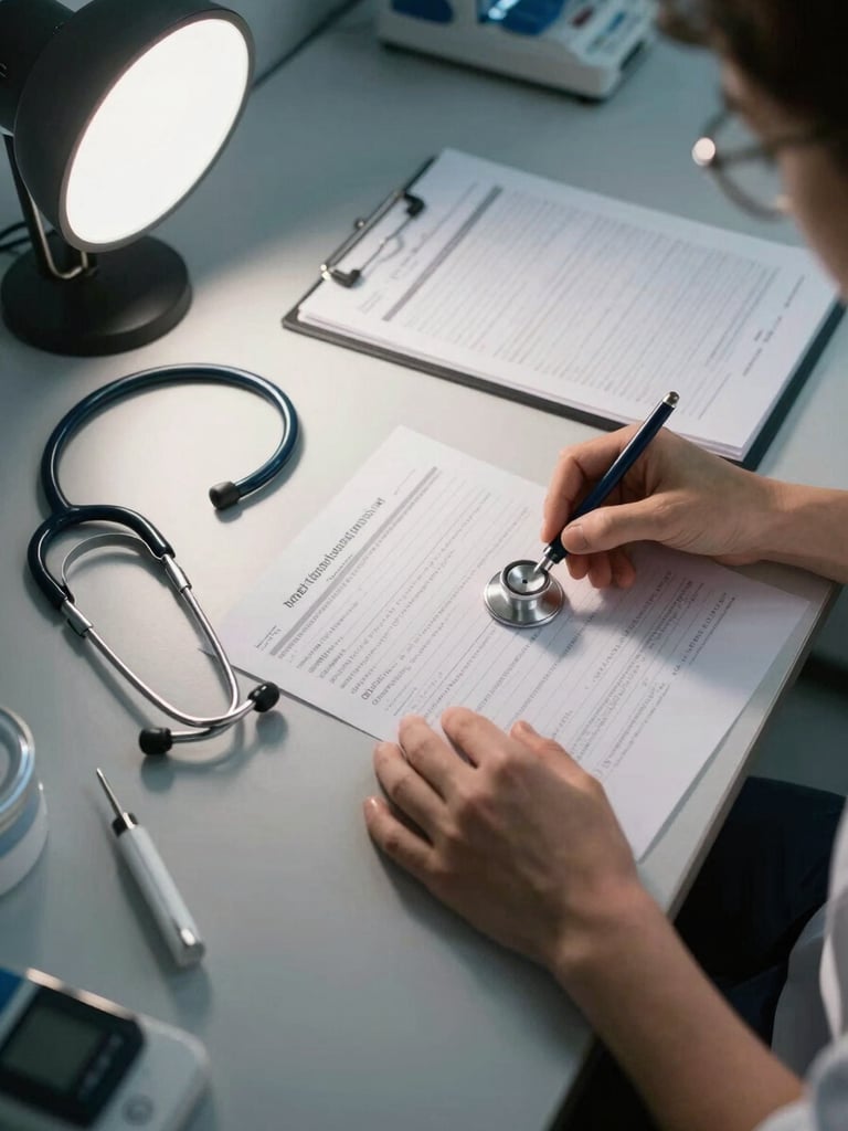Overhead view of a simulation lab table, clinical documentation spread open beside a stethoscope and assessment tools, studio work-light casting sharp shadows, hands mid-reach toward a chart