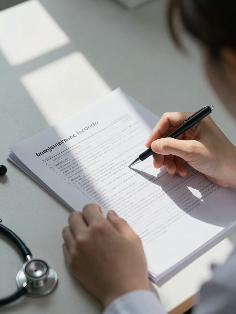 Close-up overhead shot of a nurse's hands reviewing detailed clinical assessment notes on a desk under sharp studio work lighting, a stethoscope resting at the edge of frame, clinical daylight from a narrow window casting a precise shadow across the documents