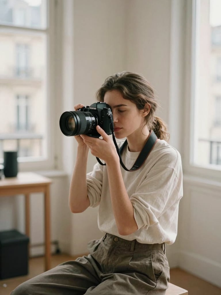 An environmental portrait of a female photographer with a camera, sitting in a sunlit Parisian studio, soft natural light, warm neutral tones, 35mm film aesthetic.