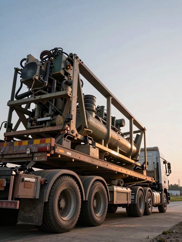 Low-angle wide-lens shot of a massive multi-axle heavy-haul trailer carrying heavy machinery at dawn, harsh industrial lighting, unwashed truck details