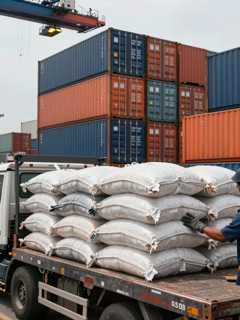 Close-up wide shot inside a Southeast Asian container port, stacked shipping containers in deep navy and orange visible in the background, a foreground of polymer sack bundles on a flatbed truck being inspected by a worker's gloved hands, practical overhead port crane lighting, overcast natural daylight from the left edge of the frame