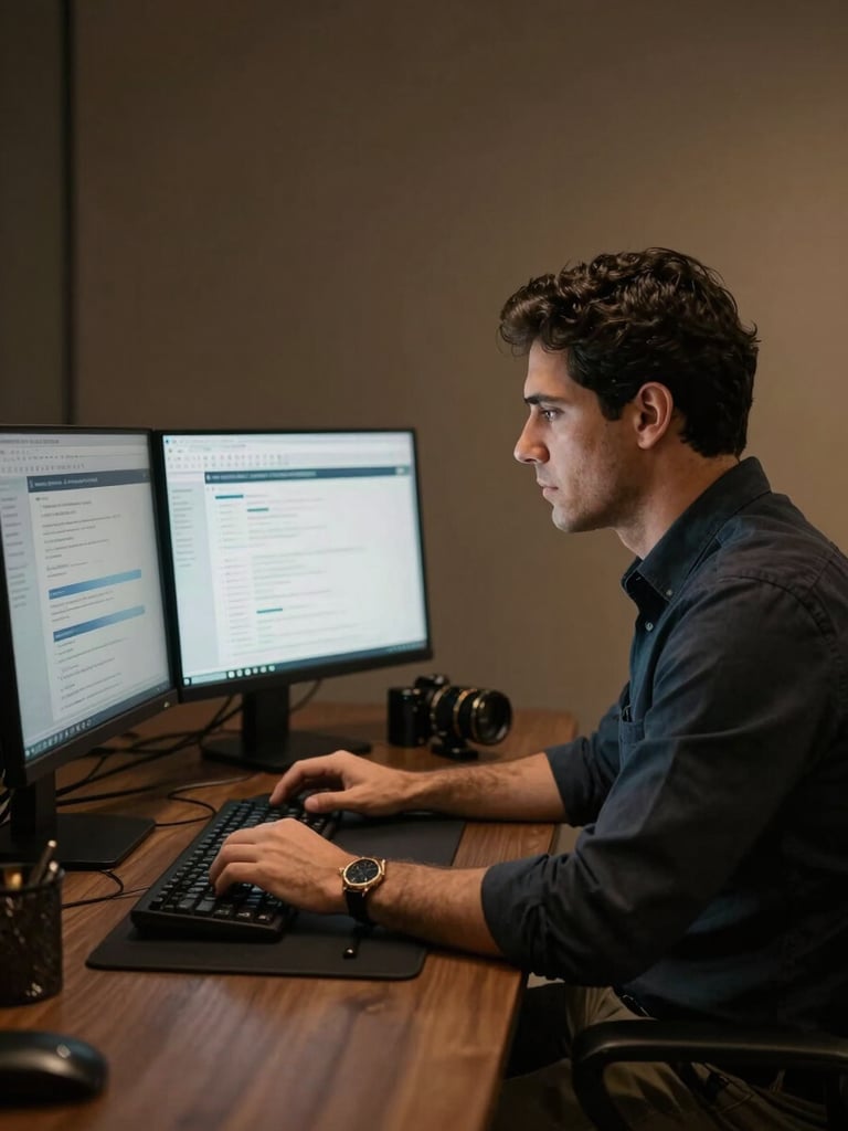 Rodrigo Aguiar in high-authority corporate environment, analyzing workflows on dual screens, low-key dramatic lighting, dark matte background with warm gold undertones, sharp focus.