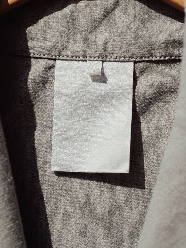 A detailed close-up of an archival garment label sewn into a heavy cotton lining, desaturated tones, high-contrast studio key light with deep shadows, sharp focus, 35mm film.