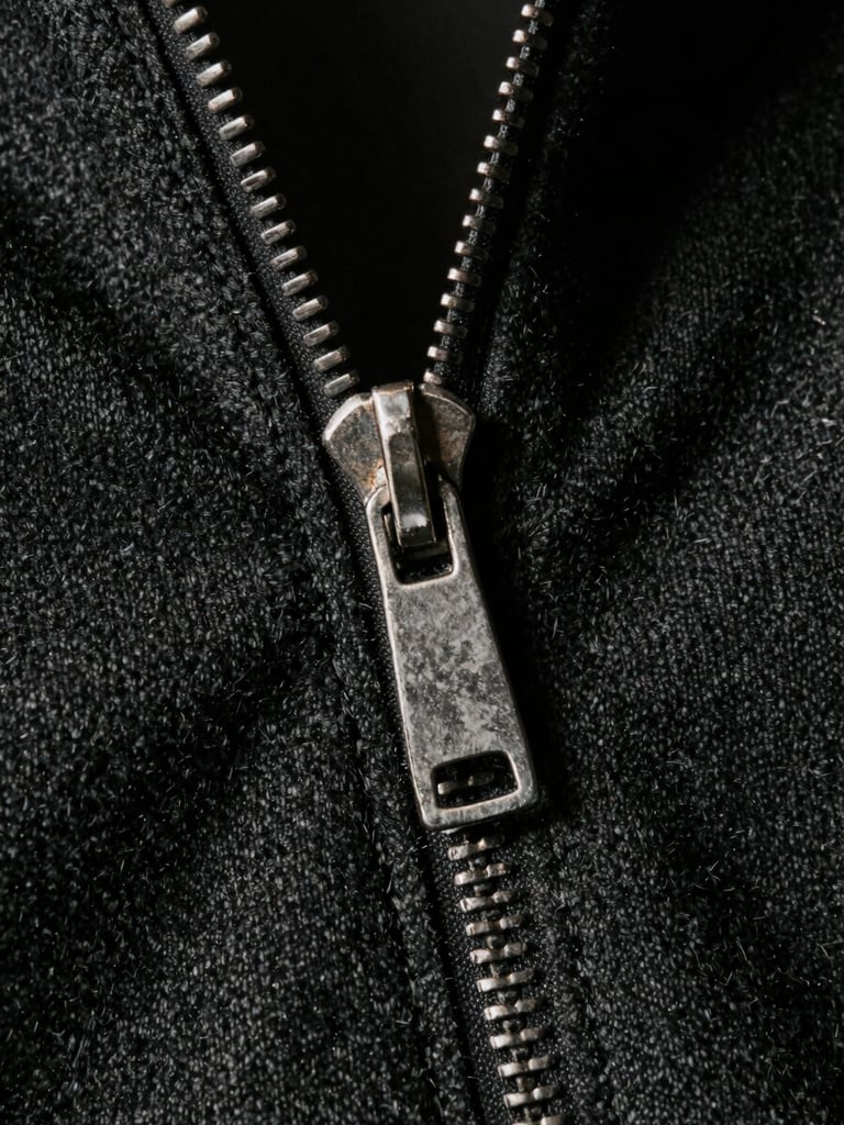 Extreme close-up of a vintage metal zipper and pristine double-stitching on heavy black wool gabardine, soft directional natural light, desaturated muted tones, sharp focus, 35mm film.