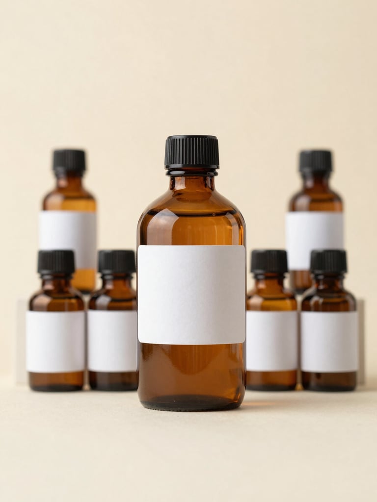 Straight-on, architectural flat-lay of clinical amber glass apothecary bottles with strict, clean white laboratory-style batch labels on a warm cream surface. Even daylight, neutral lighting, no shadows.