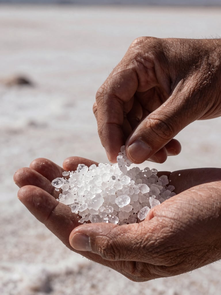 Close-up macro shot of raw lithium salt crystals glistening in a worker's calloused hands, harsh midday desert sun, high contrast, Chile salt flats visible in the soft-focus background.