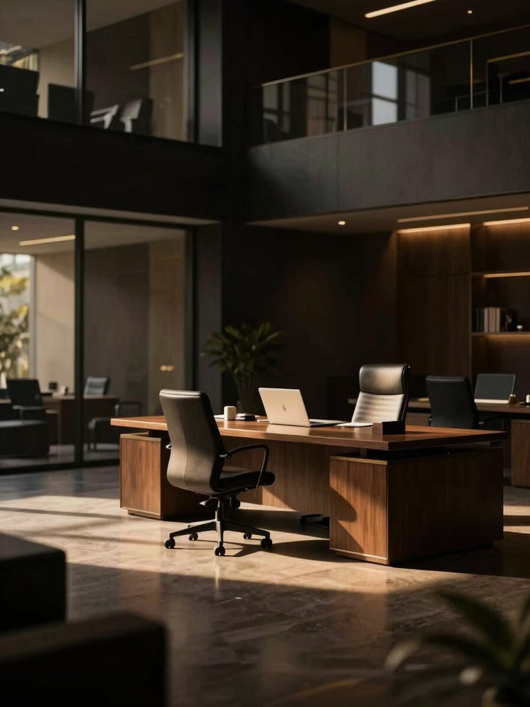 Wide environmental shot of a sophisticated, empty private office in a modern Indian financial hub, low-key dramatic side-lighting, deep charcoal and gold tones, shallow depth of field, 35mm