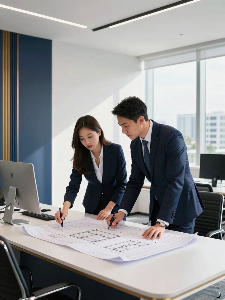 Two professional advisors collaborating over architectural blueprints and documents in a sunlit modern Florida office, clean lines, professional atmosphere.