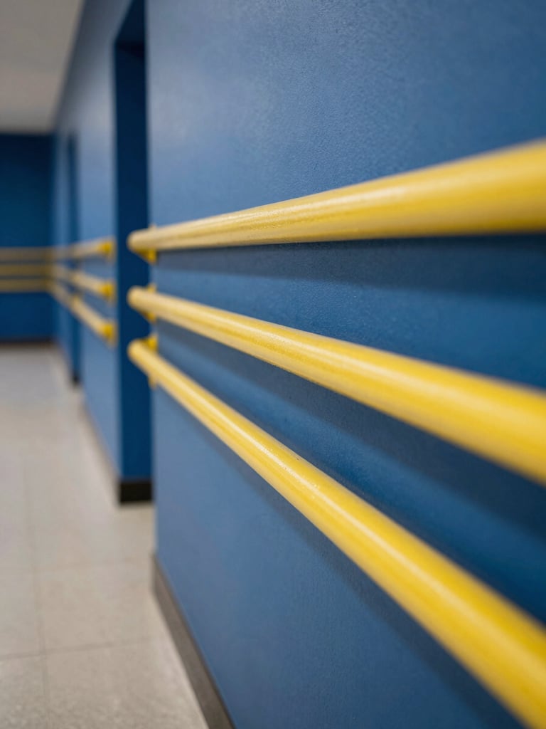 Close-up of high-quality architectural finishes in a school corridor, perfect yellow paint lines on a deep blue wall, secure handrails, clean polished floor.
