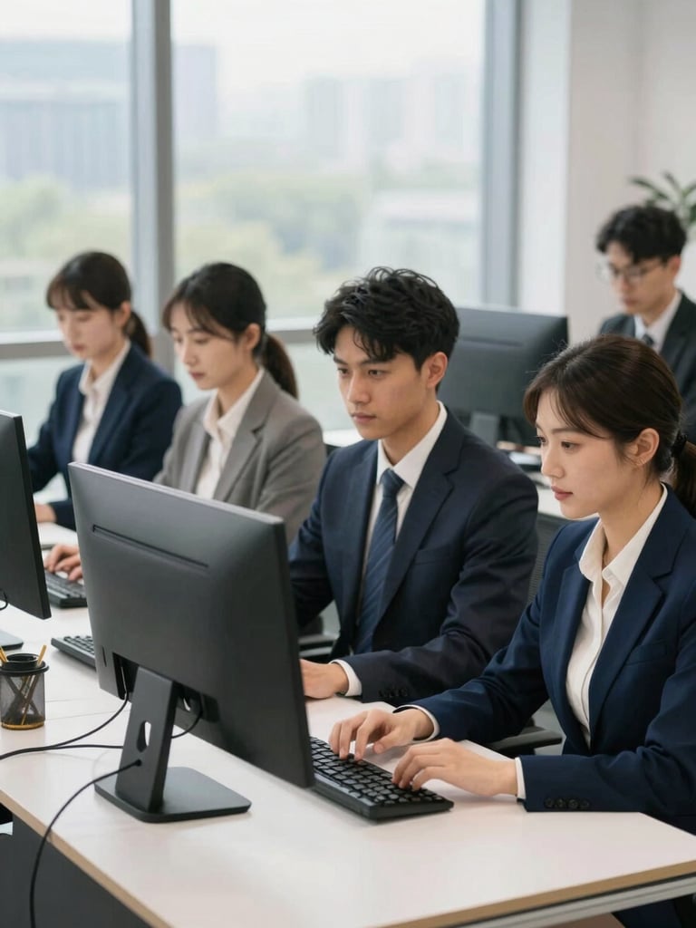 Professional team collaborating in a modern office, clean desk setups, natural daylight, navy and gold accents, medium shot, sharp focus, 35mm lens