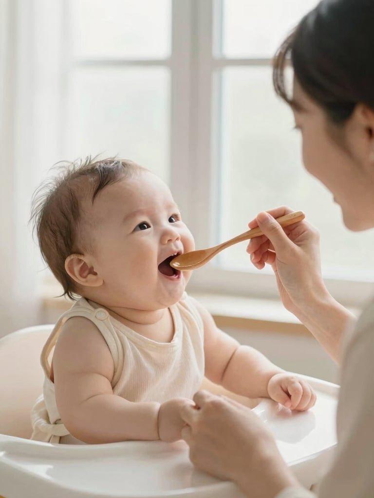 A mother gently feeding her happy baby with a wooden spoon, soft natural window light, warm pastel tones
