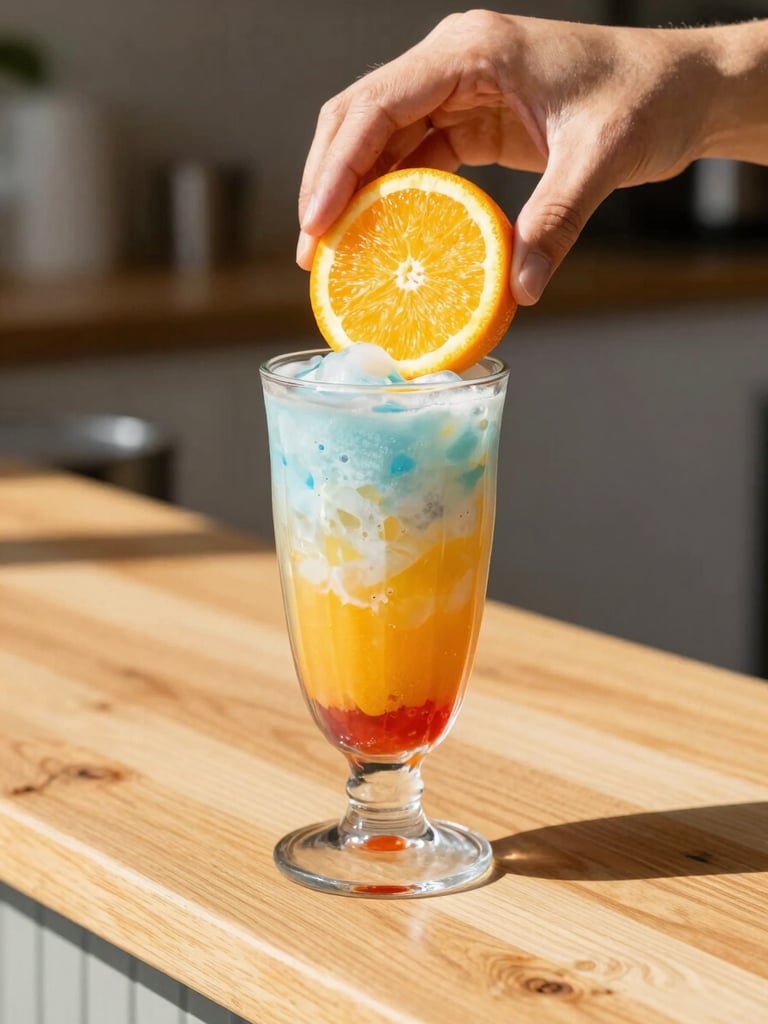 Hands placing a fresh orange wheel onto the rim of a colorful iced drink, bright sunlit wooden counter, shallow depth of field.