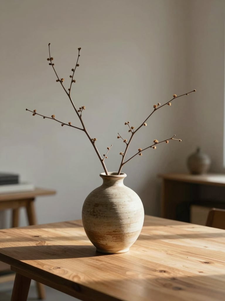 A serene, minimalist interior detail of a design studio, featuring a single ceramic vase holding dry branches on a warm almond table, soft morning light.