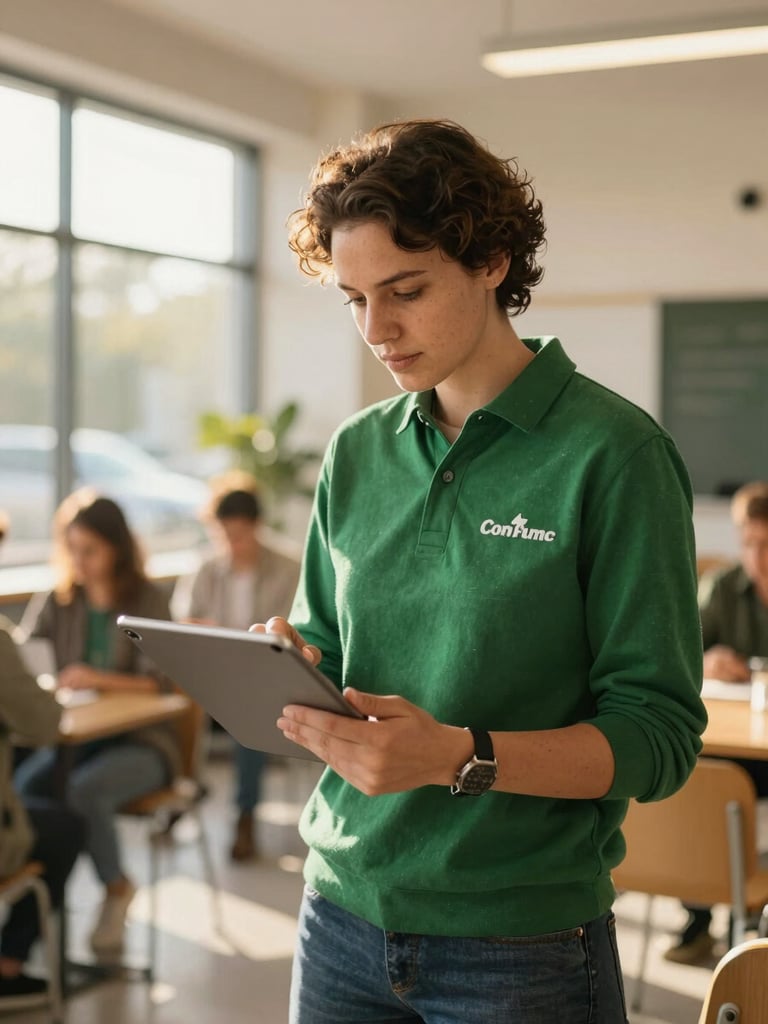 Environmental portrait of a local community leader reviewing logistical plans on a tablet inside a bright, modern community center, warm morning light, professional editorial style