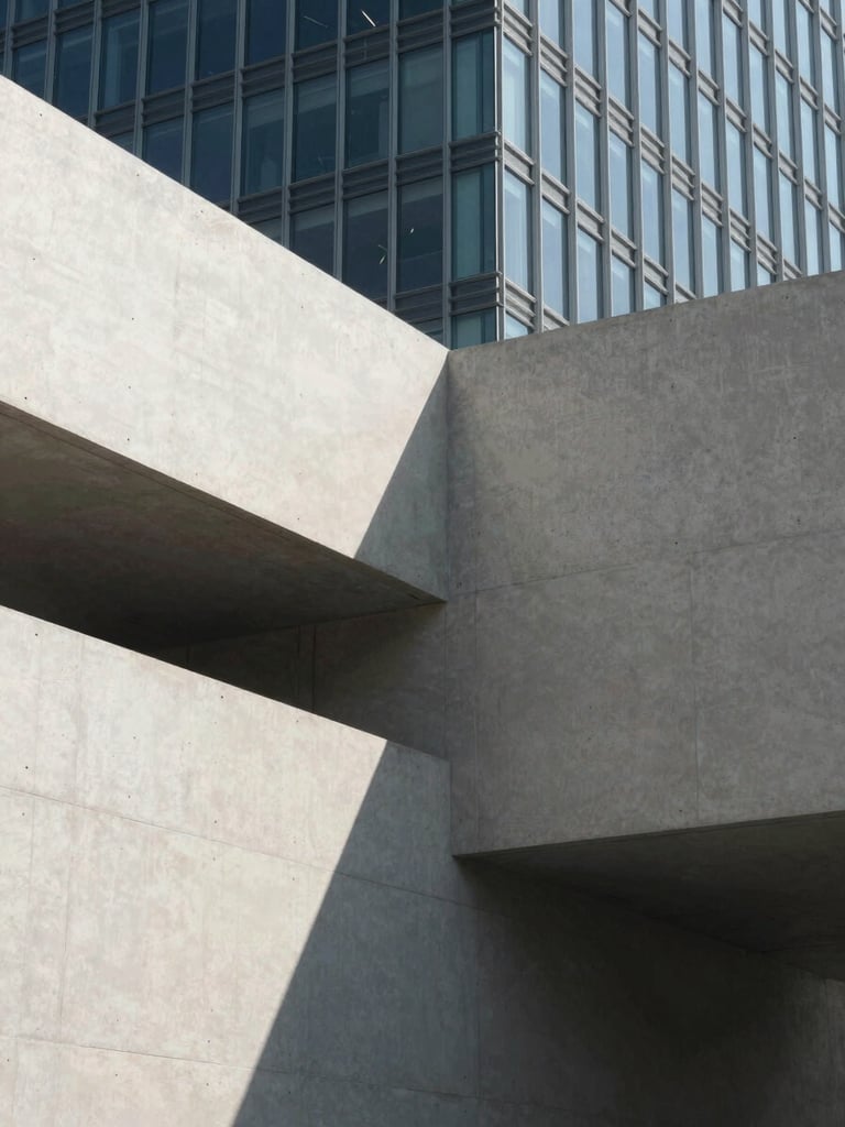 An editorial, high-contrast architectural photograph of intersecting concrete planes and glass facades. Soft, directional daylight casts deep shadows across the clean lines, creating a sense of structural depth and systemic complexity.