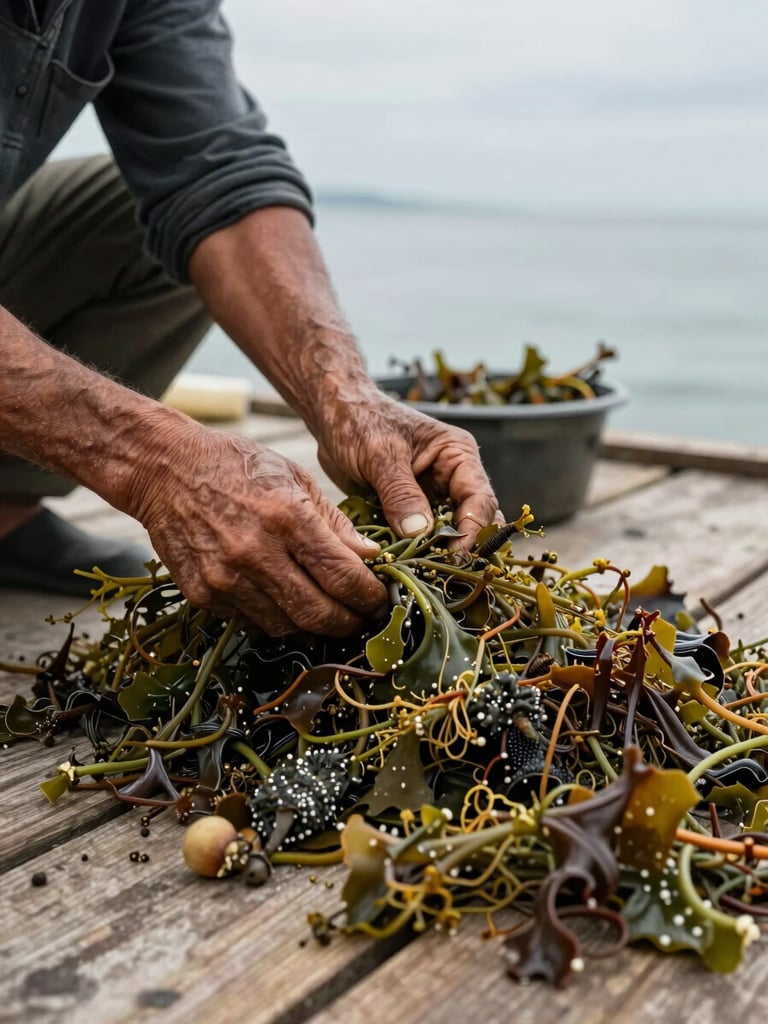 Close documentary shot of weathered hands sorting freshly harvested sea plants on a wooden dock, natural overcast daylight, shallow depth of field on the texture of the marine ingredient, coastal water visible in the background