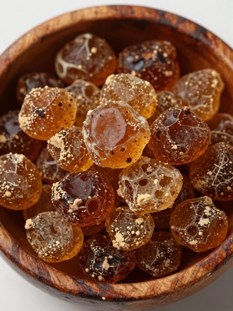Extreme close-up of a harvested forest resin in a weathered wooden bowl, shot from directly above under soft overcast natural daylight — amber and brown tones, visible surface texture and natural variation, no styling, no hands in frame