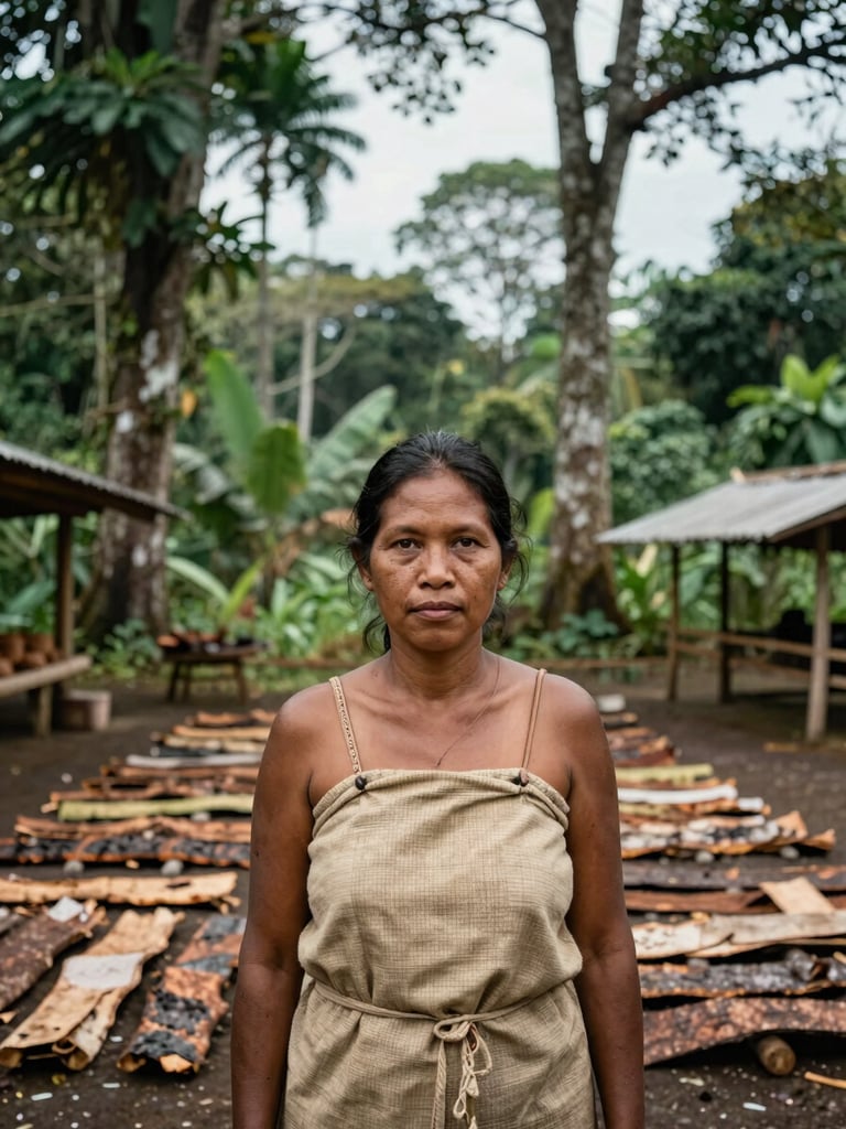 Wide portrait orientation, natural daylight filtering through forest canopy — a woman in her mid-forties faces the camera directly, unhurried gaze, wearing a simple woven cloth, standing in front of drying tropical bark at a community processing station in Kalimantan. Documentary framing, no artifice, overcast sky softening the light.