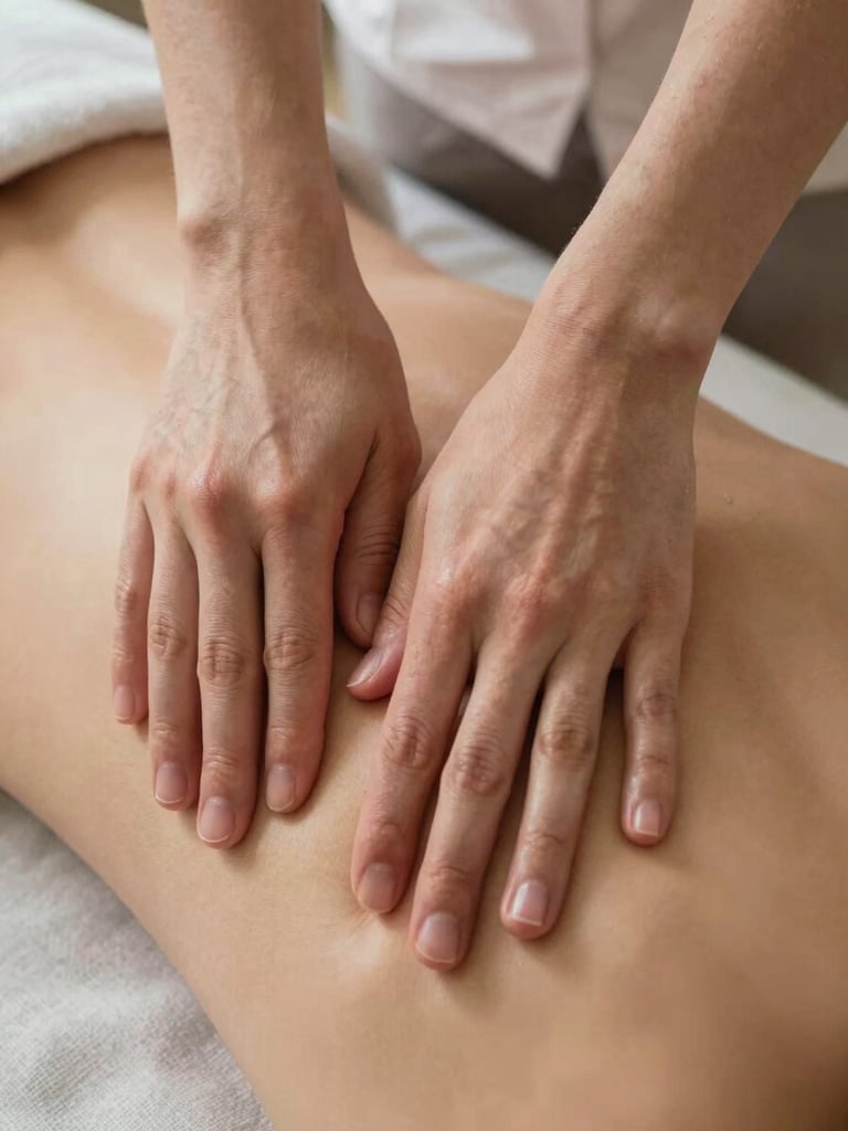 Close-up of therapist hands pressing into a client's upper back during a massage, soft warm studio light, fingers and knuckles in sharp focus against skin, neutral linen surface visible at the edge of frame