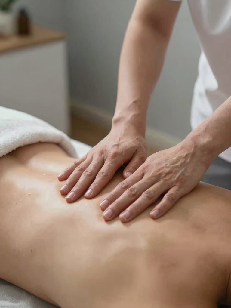 Close-up of trained therapist hands pressing into a client's upper back, soft diffused studio light from the left, warm gray treatment room visible in background, sharp focus on finger placement