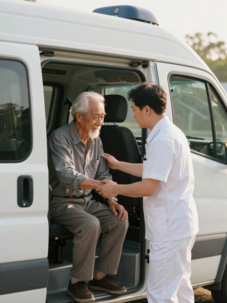 A driver in a clean uniform gently helping an elderly patient step out of a pristine white medical vehicle, warm diffused morning light, reassuring interaction.