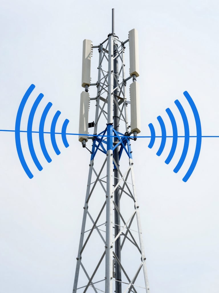 A clean technical schematic diagram of a cell tower transmitting frequency waves through obstacles, blueprint-blue style, sharp white lines, annotations of signal degradation