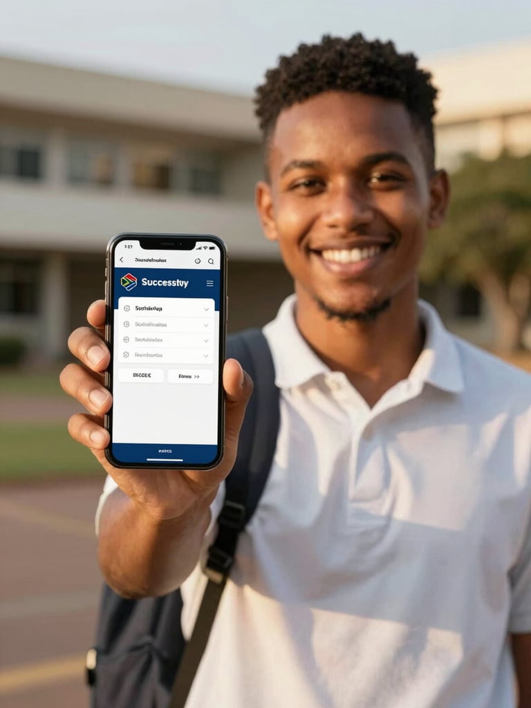 A South African matriculant smiling in warm golden sunlight, holding a mobile phone displaying a successful application dashboard, clean campus background.