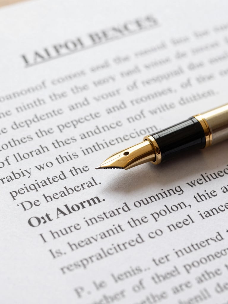 Macro shot of an official legal document with high contrast daylight, a gold pen resting on the paper, clean composition showing text lines clearly