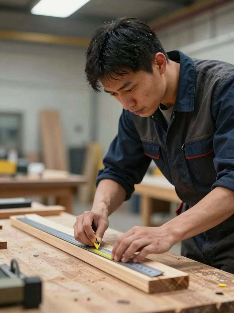 A trainee measuring timber with a steel square on a wooden workbench, natural overhead light, focused expression.
