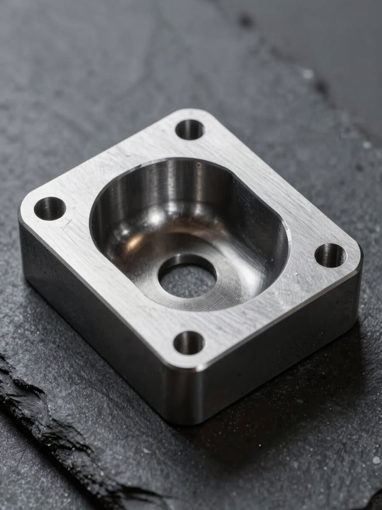 Macro photograph of a precision-cut steel injection mold cavity, high-contrast studio lighting highlighting sharp metallic tool paths, industrial slate background.