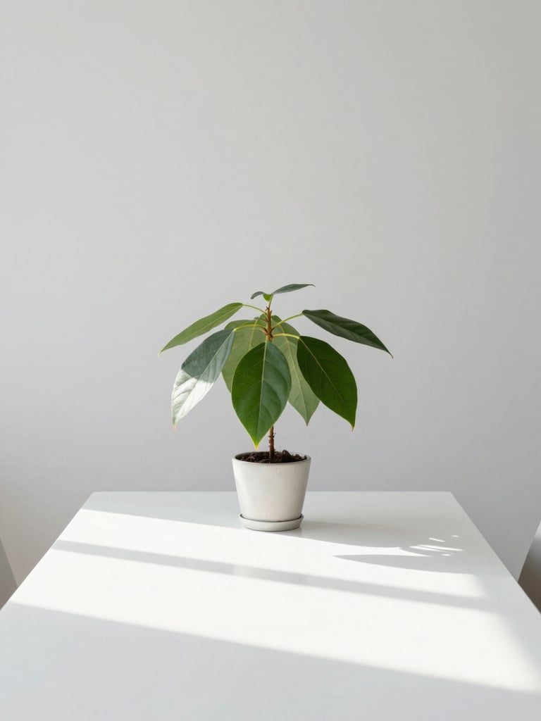Bright, minimalist consultation room with a single botanical plant on a white table, soft natural daylight, gentle shadows