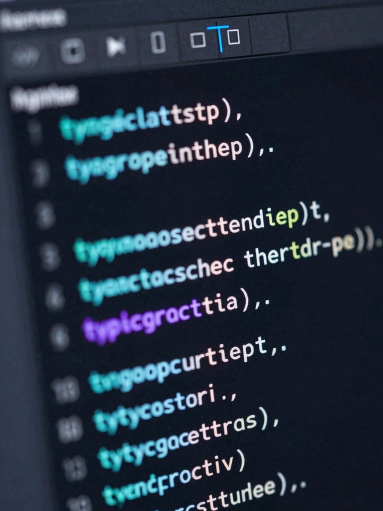 Extreme close-up of a dark-mode code editor featuring syntax-highlighted TypeScript, neon cyan and violet glowing accents, macro lens, shallow depth of field.