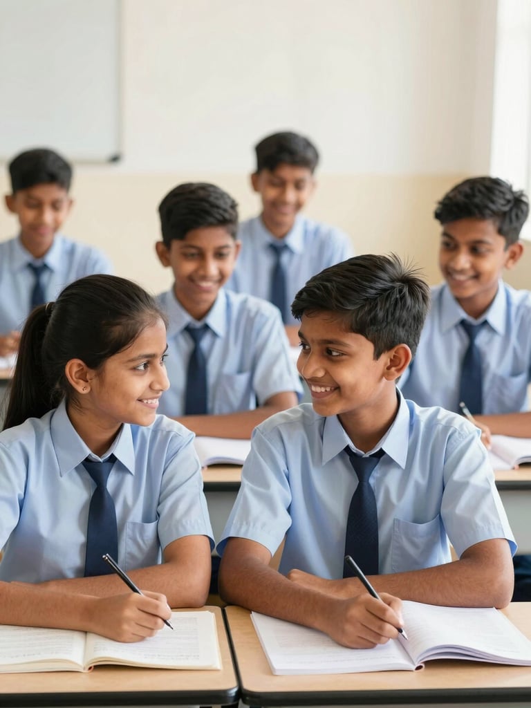 Bright editorial school photography of local Indian students in neat uniforms smiling and studying together in a well-lit, clean classroom, warm natural daylight, shallow depth of field