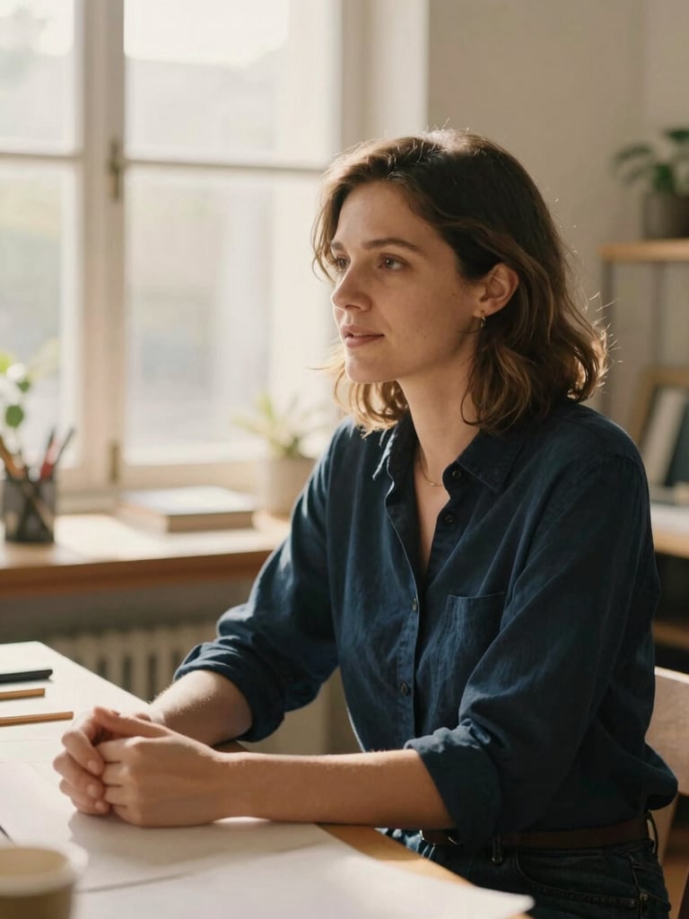 Candid portrait of a woman mid-conversation in a sunlit creative workspace, natural light, shallow depth of field, warm and inviting atmosphere.