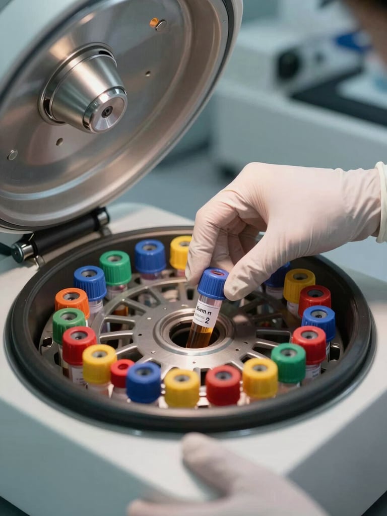 Close-up of gloved hands carefully placing labeled specimen tubes into a centrifuge rotor under direct overhead laboratory lighting, the tubes' color-coded caps in sharp focus, clean stainless steel equipment surface visible in the background