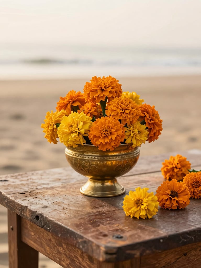 A close-up detail of Odia hospitality, fresh marigolds arranged in a traditional brass vessel on a rustic wooden table, soft morning light.