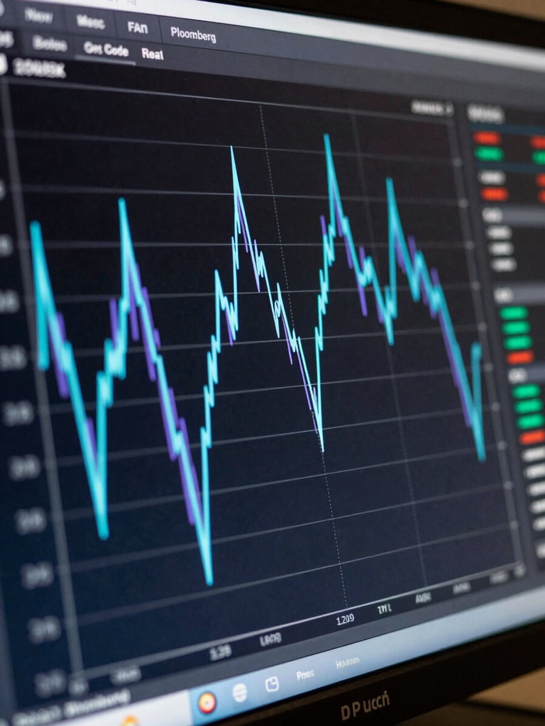 Macro shot of a dark Bloomberg terminal screen showing real-time order book depth, cyan and purple structural lines, matte texture, no people.