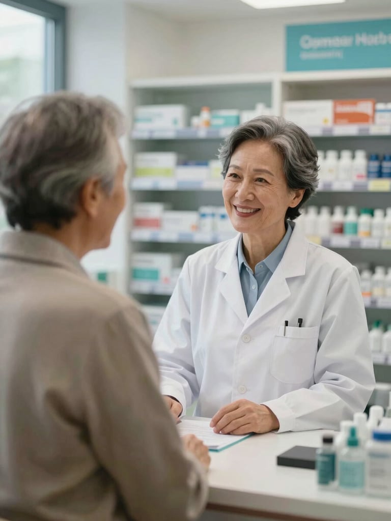 A professional pharmacist in a clean white coat interacting warmly with an elderly customer in a bright, modern pharmacy interior, soft natural light, medium shot.