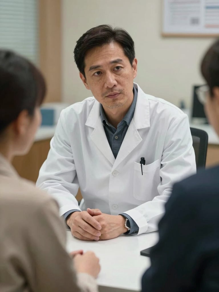 Medium shot of a doctor in a white coat leaning forward during a consultation, hands resting on a desk, attentively listening to a patient across from them, warm clinic lighting, organized consultation room in background, real and unhurried