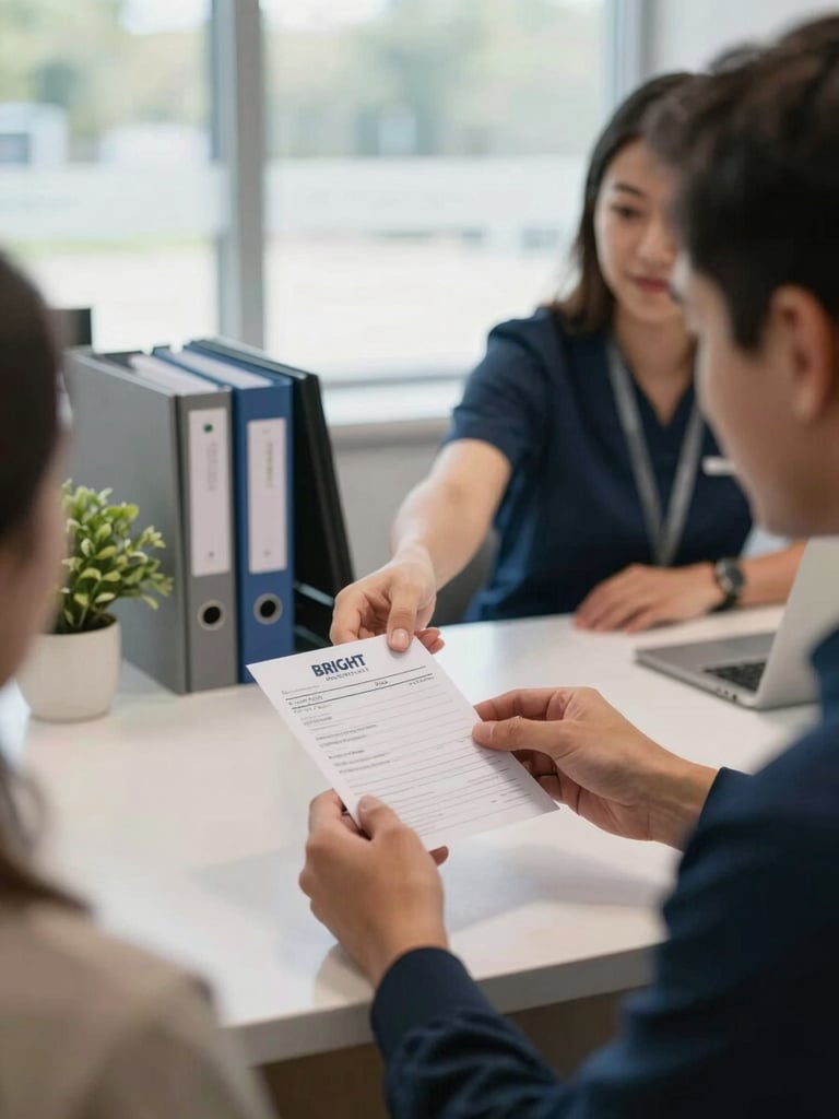 Bright clinic reception desk under soft window light, a staff member handing a paper appointment card to a patient's hands in the foreground, organized counter with folders and a small plant, calm and welcoming