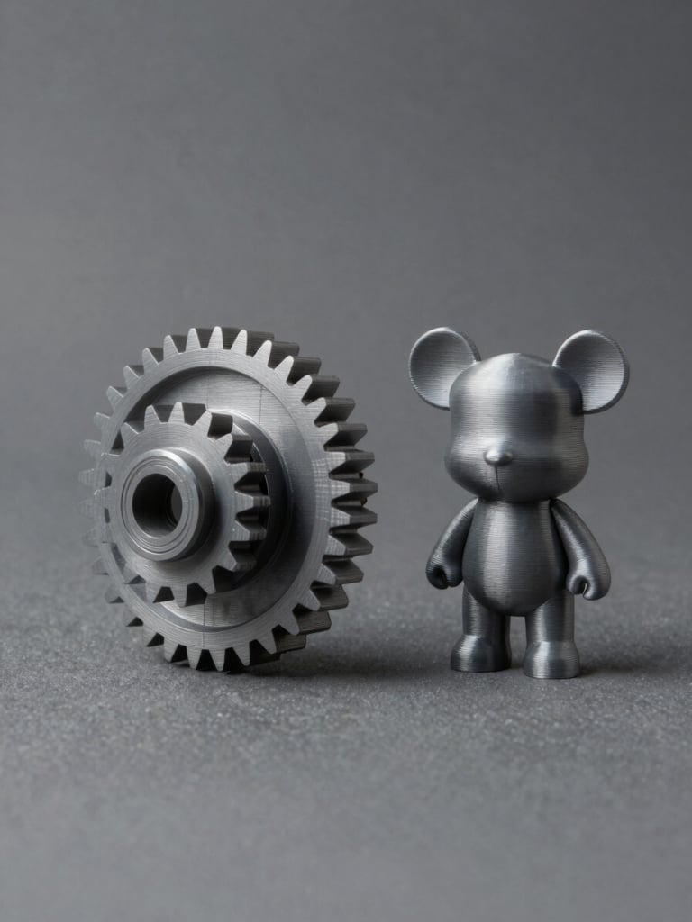 Three-quarter studio shot of organized 3D-printed components — one industrial gear part and one custom miniature figurine placed side by side on a matte grey surface, controlled daylight-balanced lighting, crisp focus on surface finish detail, cool neutral tones