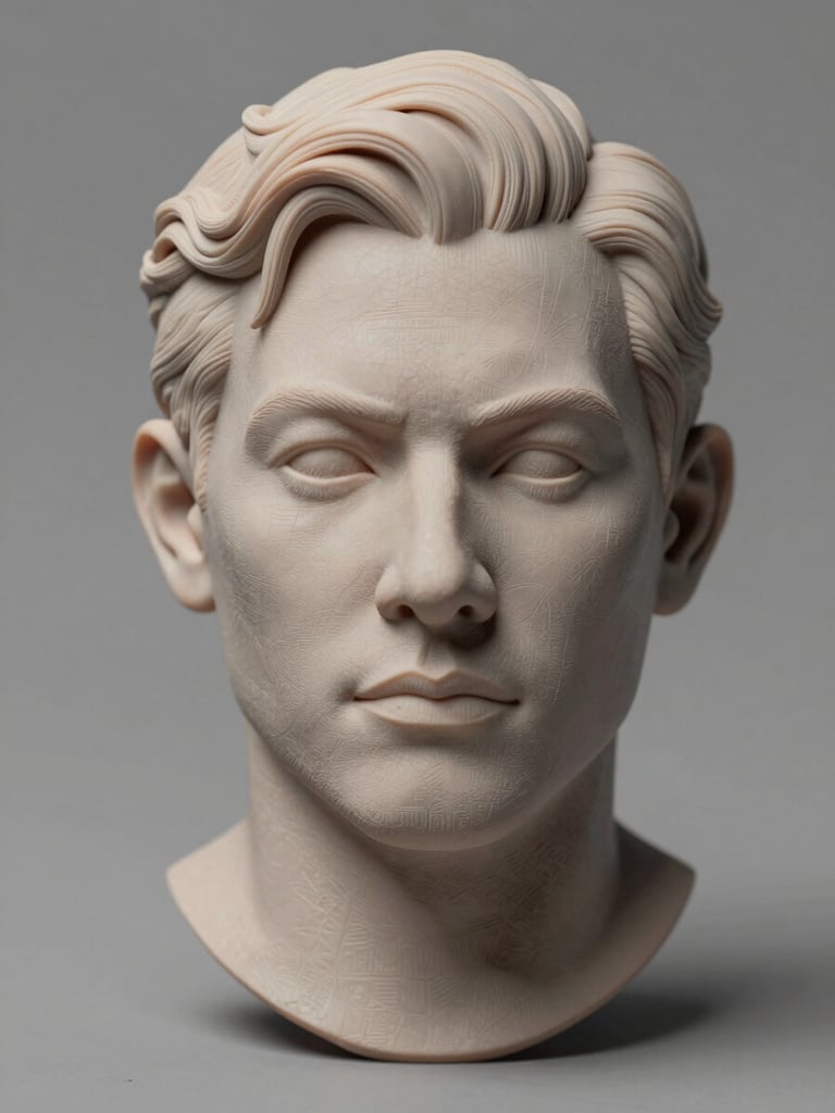 Close overhead three-quarter shot of a high-detail 3D-printed human figurine on a neutral grey studio surface, controlled strobe lighting revealing precise layer finish and facial geometry
