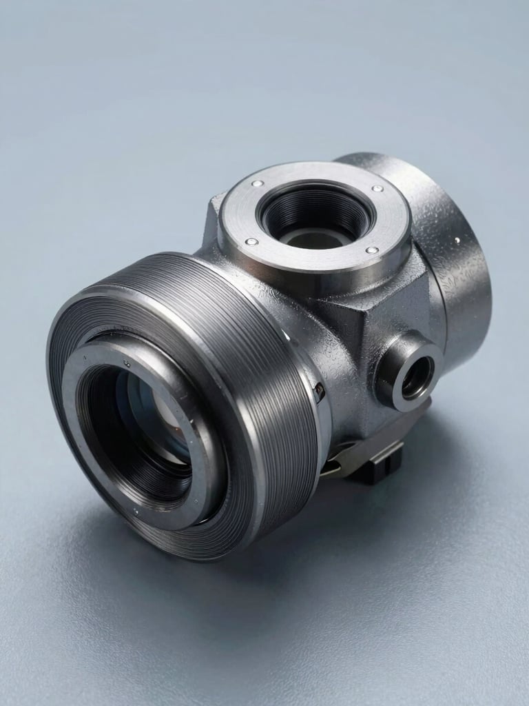 Close overhead three-quarter view of a precision-printed industrial part on a flat matte surface, studio strobe lighting revealing layer-line detail and dimensional accuracy, cool daylight-balanced tones, no hands, no people