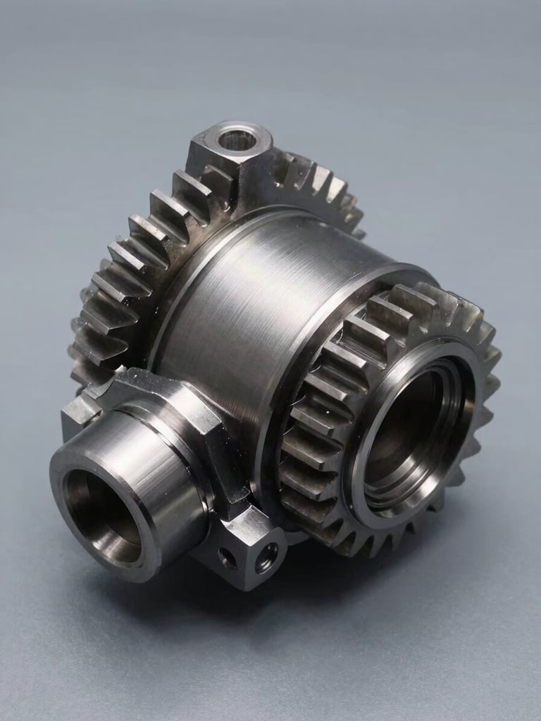 Overhead studio strobe shot, three-quarter view, a precision-machined automotive gear and bracket assembly laid on a matte grey surface, sharp focus on surface finish and layer-line detail, cool-neutral lighting, no hands or people
