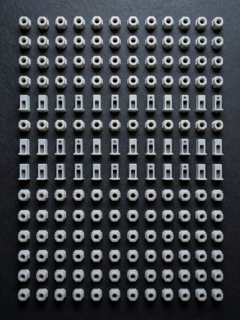 Flat-lay overhead studio shot, organized rows of identical small industrial plastic brackets and connector parts on a dark matte surface, consistent studio strobe lighting highlighting surface uniformity and precision tolerances, cool tones, no hands
