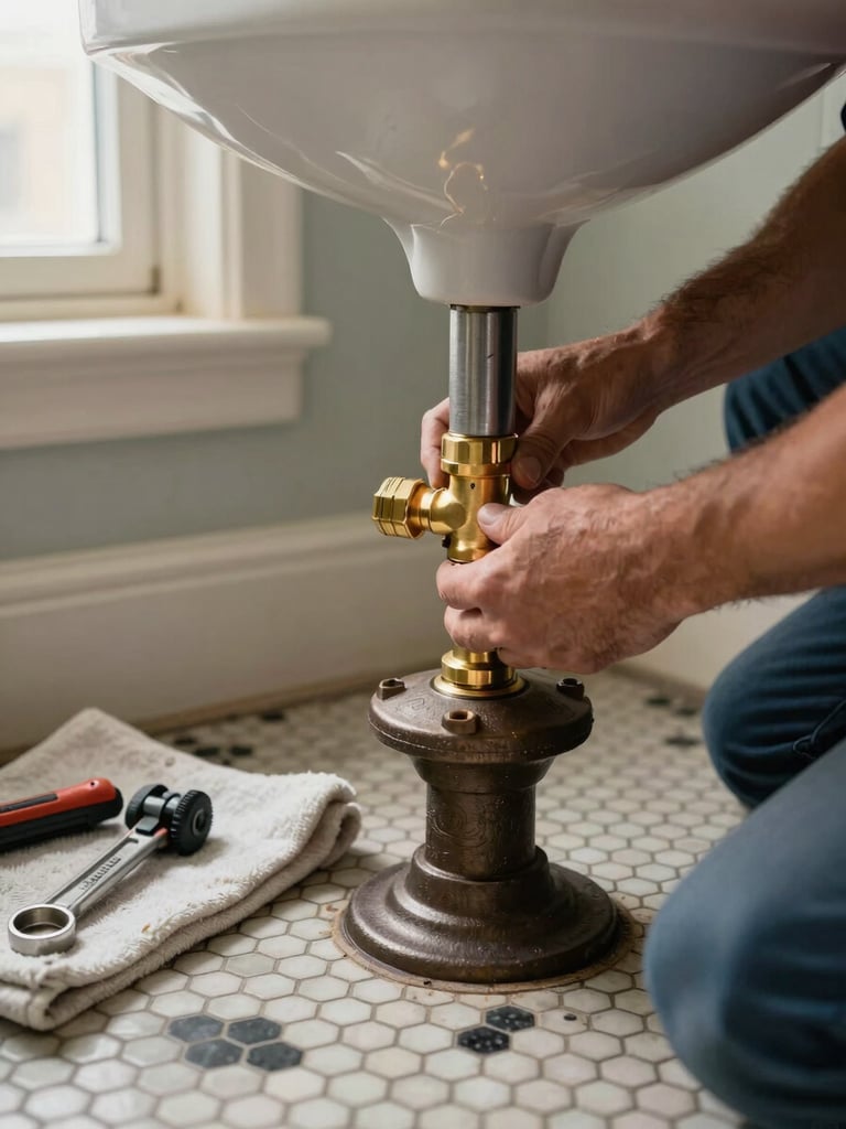 Close-up panoramic frame of a plumber's steady hands tightening a brass fitting on a cast-iron drain inside a vintage Atlanta bathroom, original black-and-white hex tile floor visible below, warm diffused window light from the left, organized tools laid on a folded drop cloth beside the work area