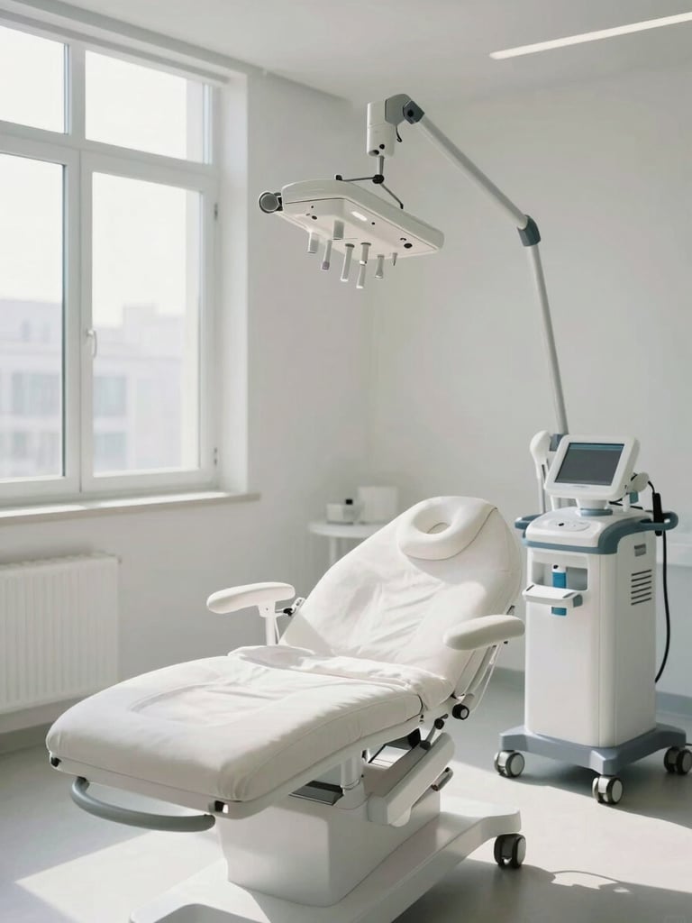 A pristine, empty treatment room with modern medical spa equipment, bathed in bright diffused natural daylight, architectural lines.